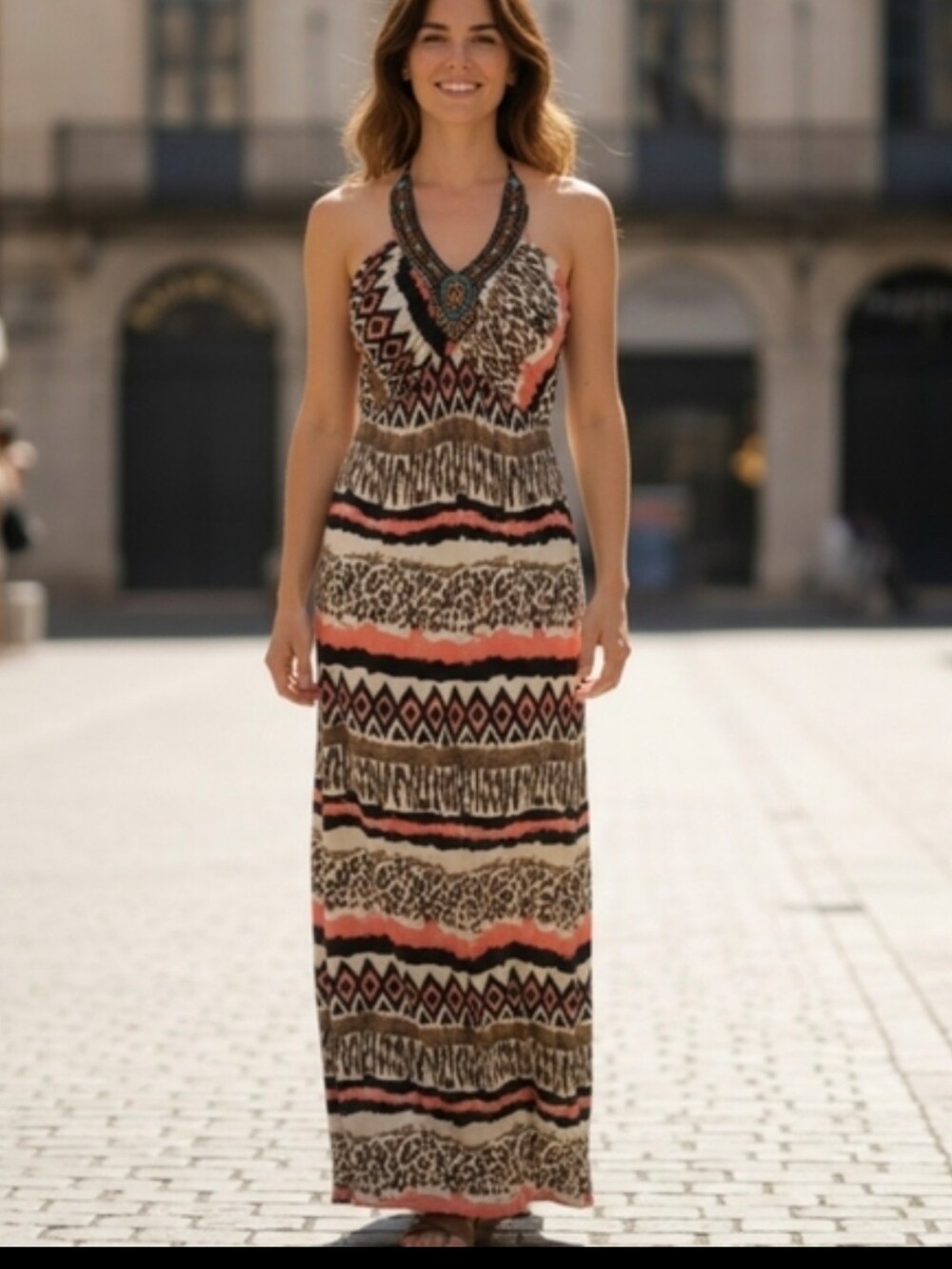 Designer Tribal Maxi Dress Multicolor Beaded Collar Boho Festival Halter Sz L